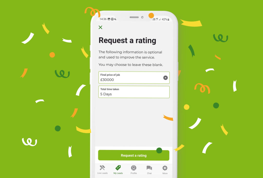 Illustration of a phone screen with Rated People trades app request ratings page on the screen