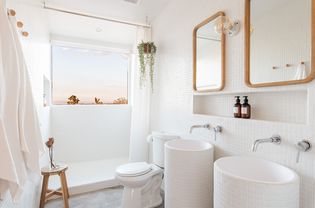 Small remodeled bathroom all white with hanging plant white mosaic tile and shower window