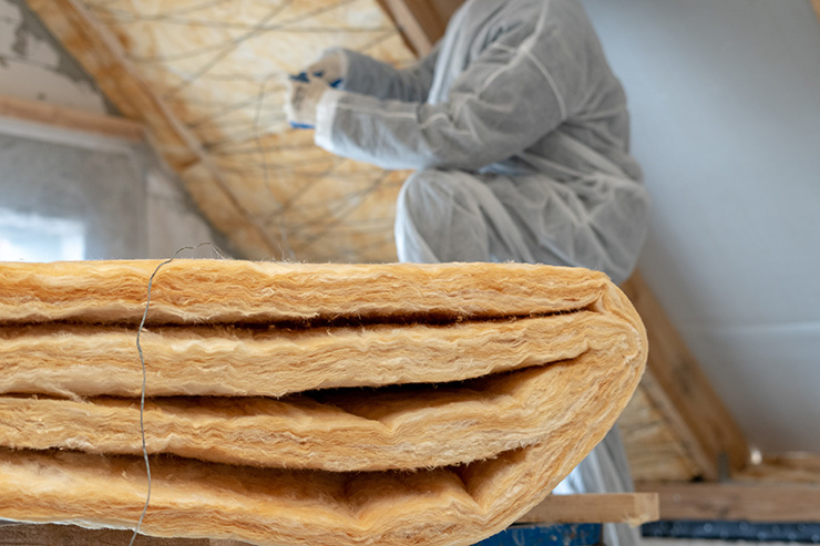 Picture of a man in white protective clothing installing loft insulation