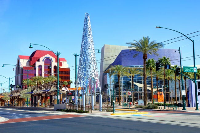 Mesa, Arizona, USA - March 5, 2019: Daytime view of the Mesa Arts Center and Center/Main St station in the heart of the downtown district