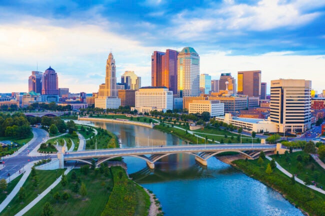 Aerial view of Downtown Columbus Ohio with Scioto river