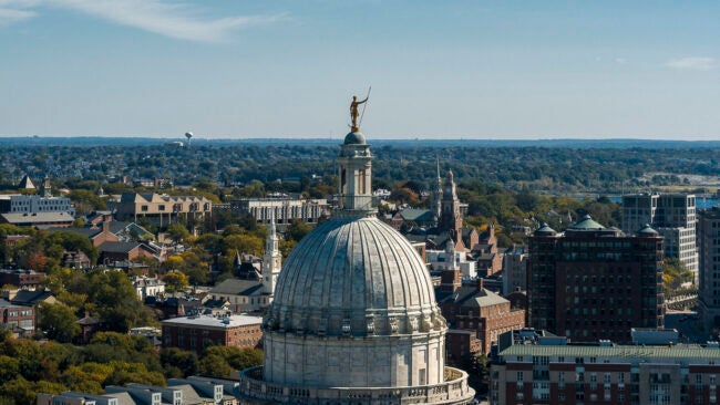 Capitol Hill with famous landmark of Providence: Rhode Island State House with view of the city.