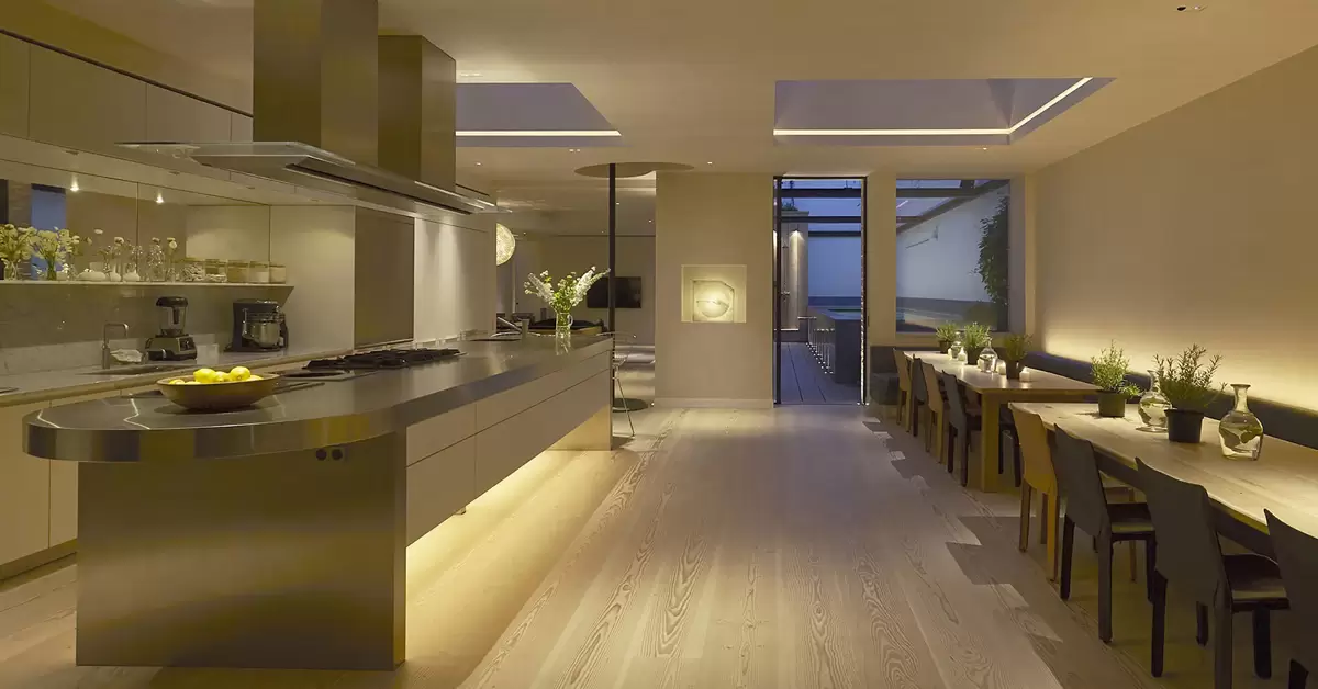 Modern Open Kitchen Design With Ambient Lighting